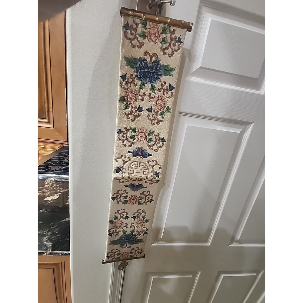 Vintage Wall Hanging Vertical Tapestry Needlepoint Handmade Flowers Asian -Great